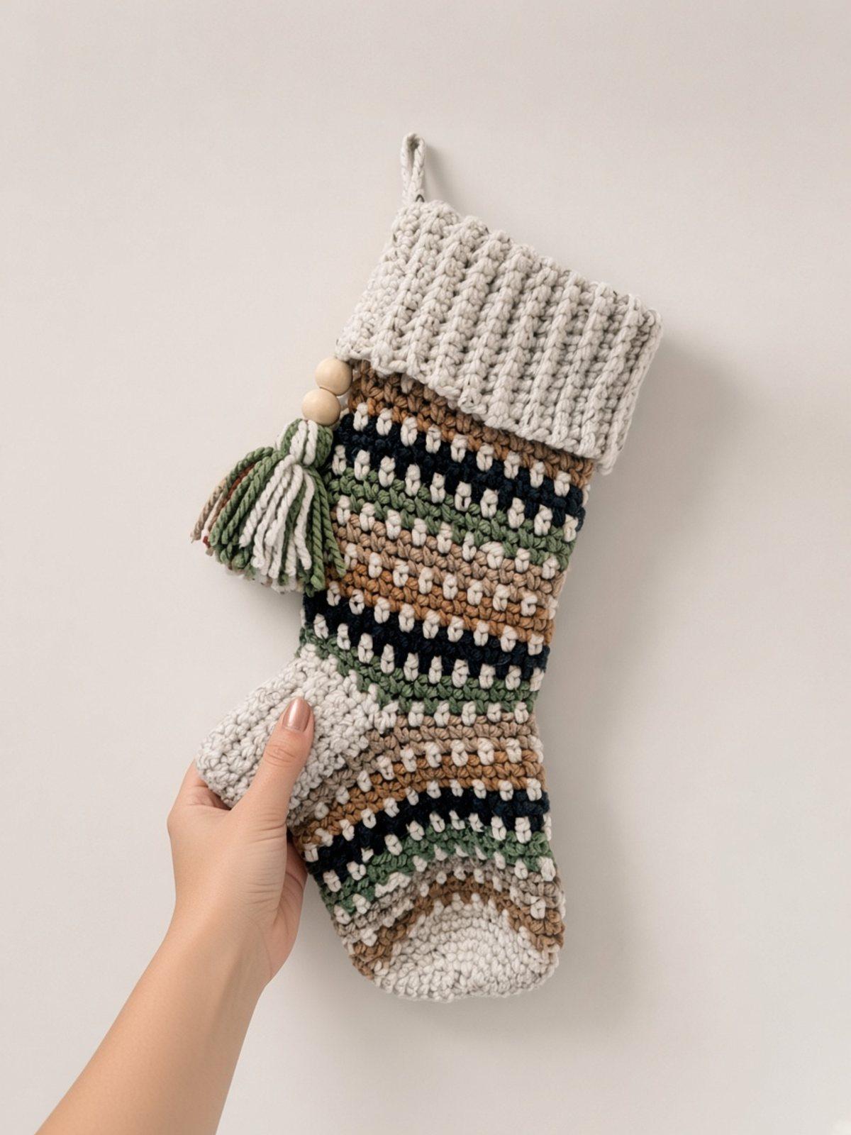 Hand holding a striped crochet Christmas stocking